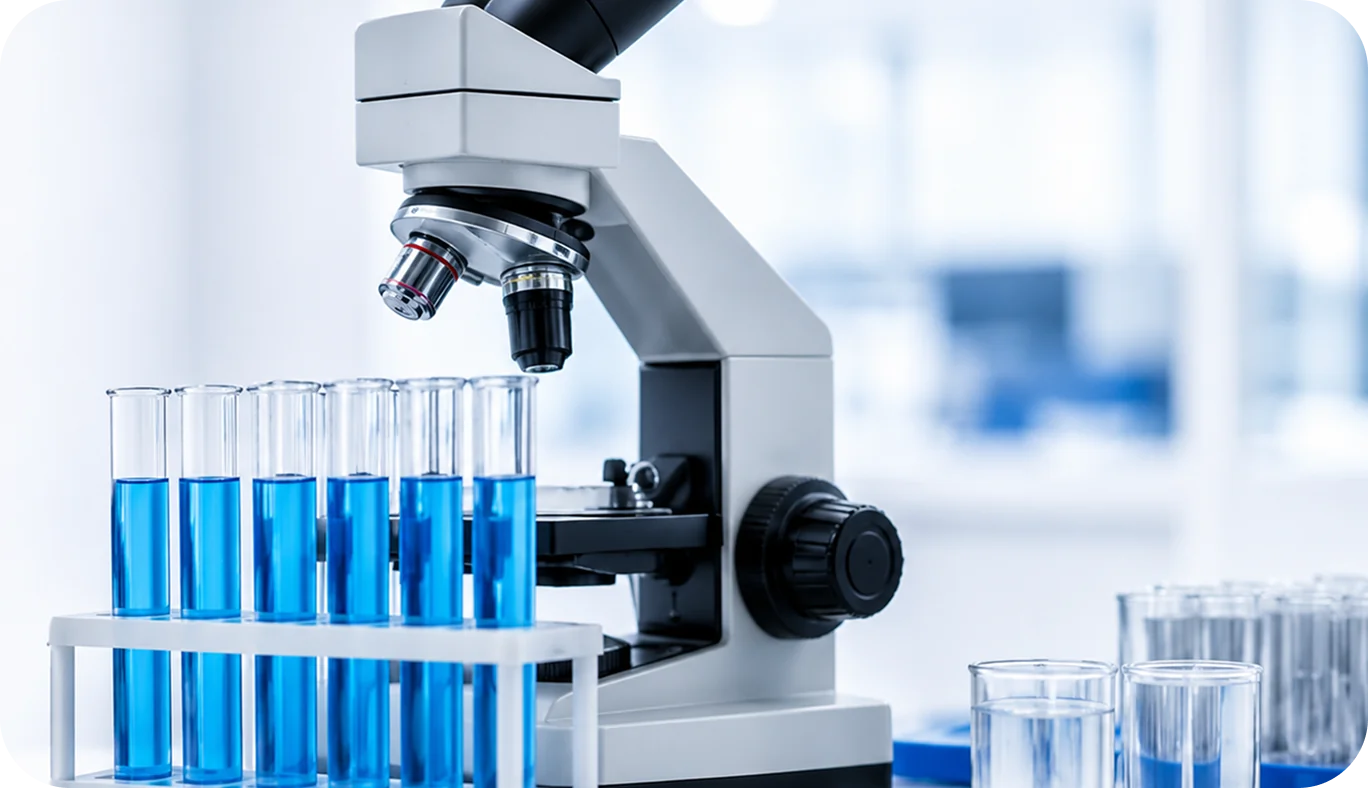 Microscopio y tubos de ensayo en laboratorio clínico